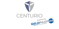Logo breit grau blau ohne Hintergrund Centurio powered by Geldpilot24