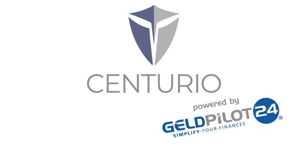 Logo breit grau blau ohne Hintergrund Centurio powered by Geldpilot24